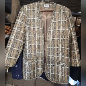 Vintage Koret Textured Tweed Jacket Neutral Plaid Chanel-Inspired Size M